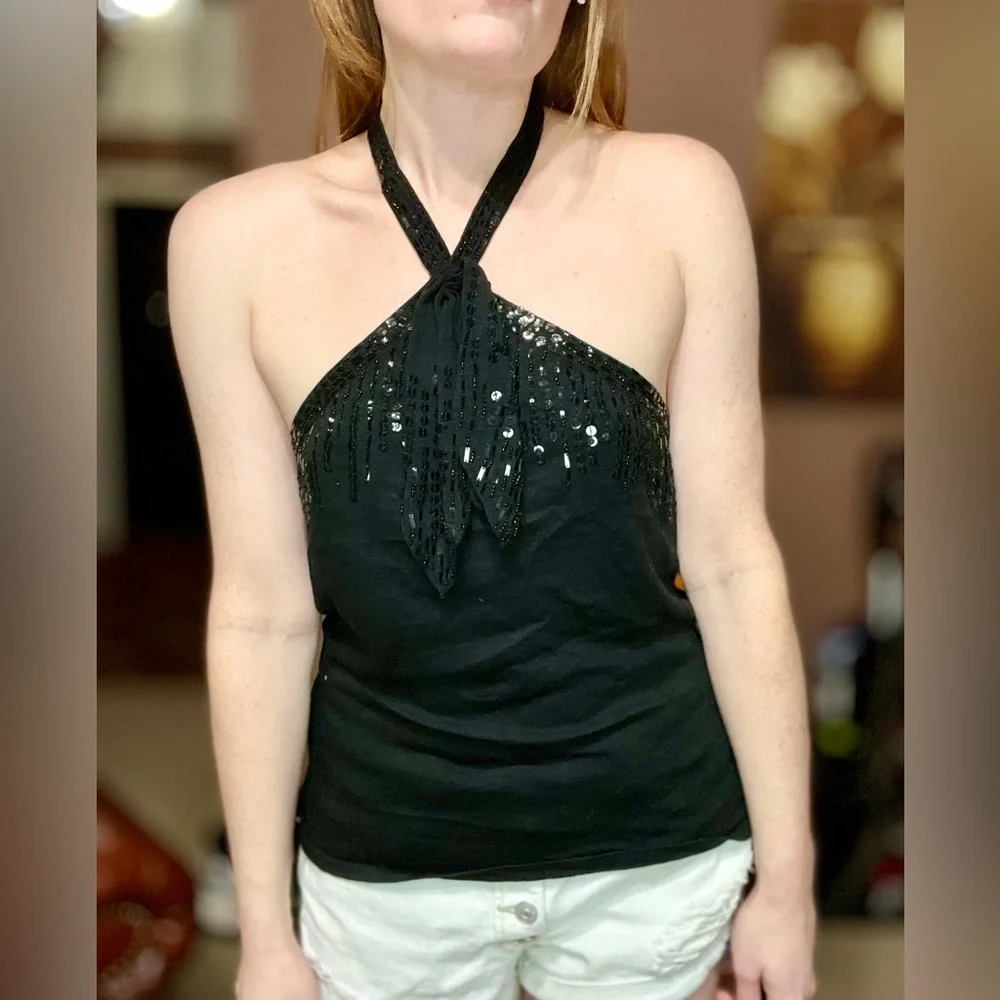 Magaschoni Black Sequin Halter Tank Top - Picture 3 of 9